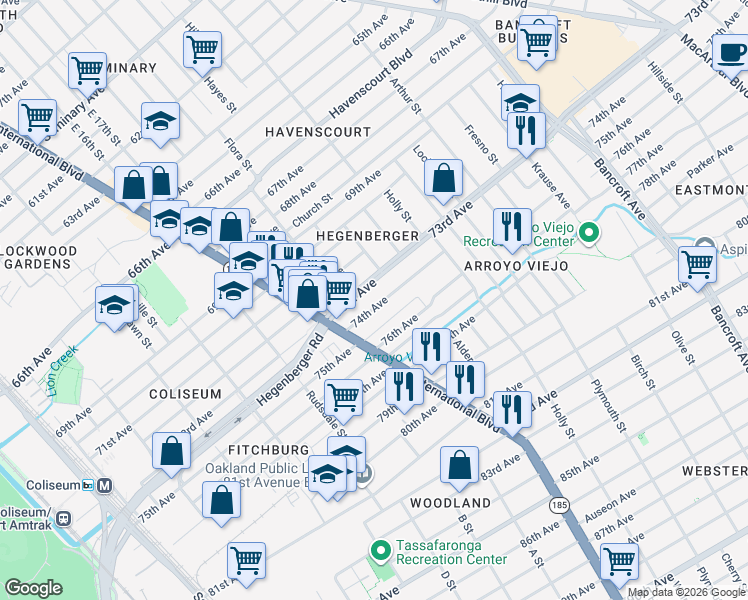 map of restaurants, bars, coffee shops, grocery stores, and more near 1467 74th Avenue in Oakland