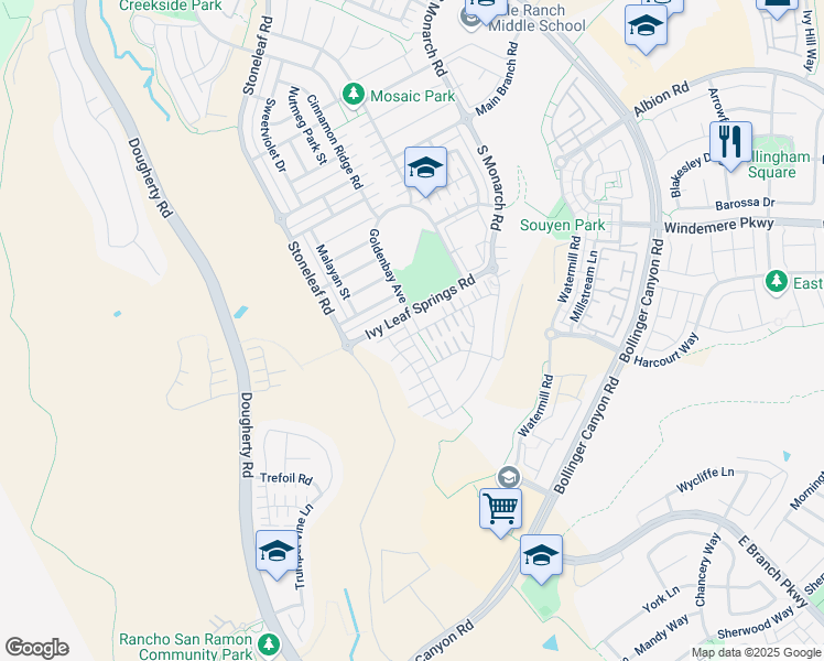 map of restaurants, bars, coffee shops, grocery stores, and more near 2073 Poinsettia Street in San Ramon