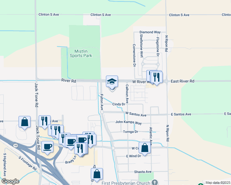 map of restaurants, bars, coffee shops, grocery stores, and more near 751 Cindy Drive in Ripon