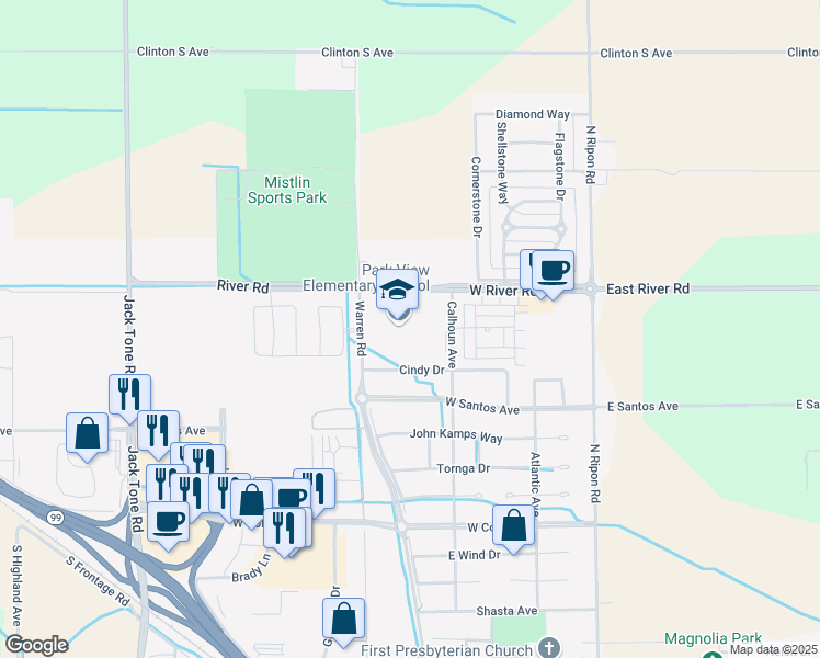 map of restaurants, bars, coffee shops, grocery stores, and more near 751 Cindy Drive in Ripon