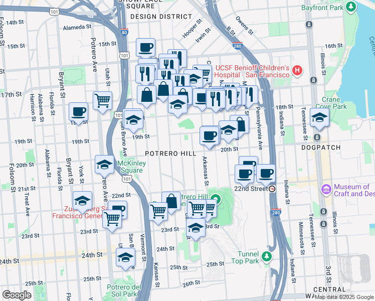 map of restaurants, bars, coffee shops, grocery stores, and more near 719 Carolina Street in San Francisco