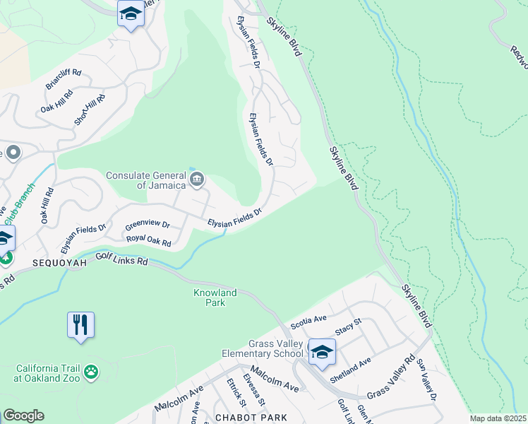 map of restaurants, bars, coffee shops, grocery stores, and more near 347 Elysian Fields Drive in Oakland