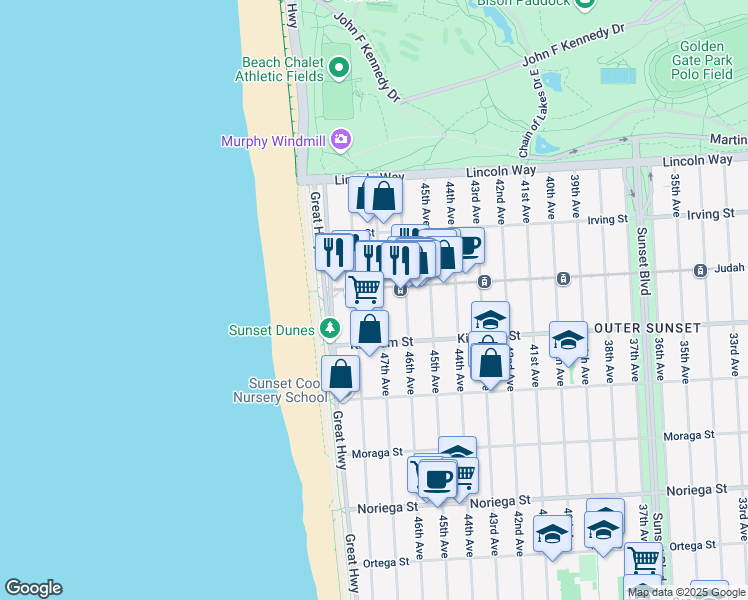 map of restaurants, bars, coffee shops, grocery stores, and more near 1442 48th Avenue in San Francisco