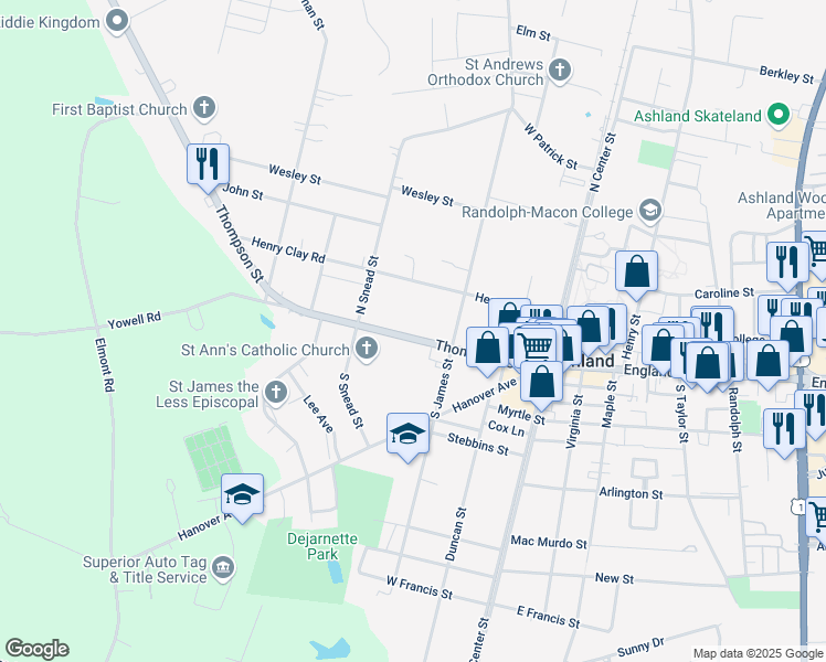 map of restaurants, bars, coffee shops, grocery stores, and more near 210 Thompson Street in Ashland