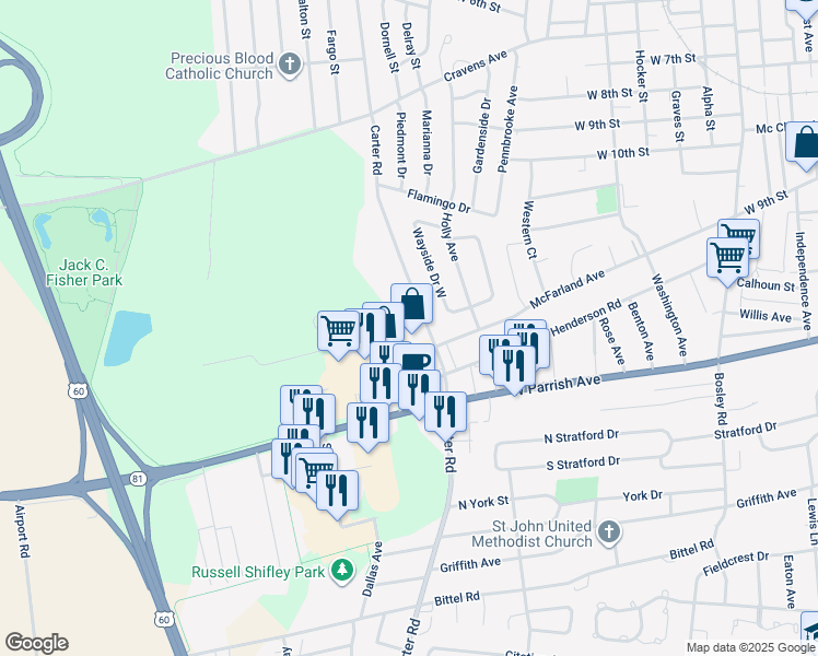 map of restaurants, bars, coffee shops, grocery stores, and more near Earls Lane in Owensboro