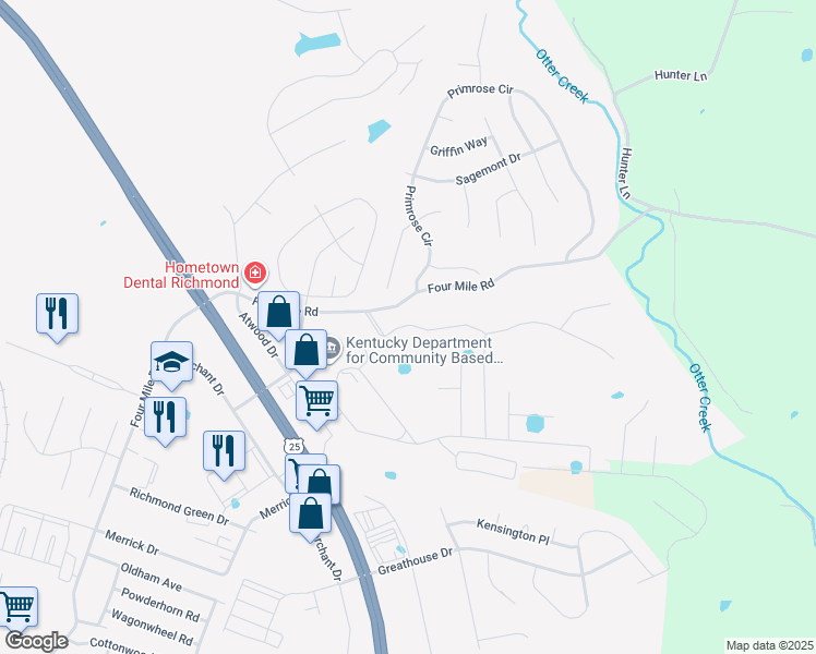 map of restaurants, bars, coffee shops, grocery stores, and more near 1095 Four Mile Road in Richmond