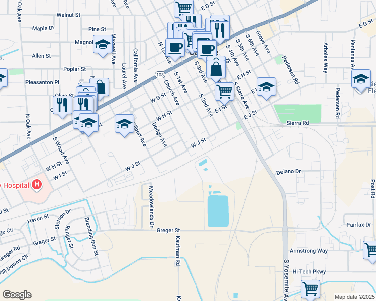 map of restaurants, bars, coffee shops, grocery stores, and more near Davitt Avenue & Birdwell Street in Oakdale