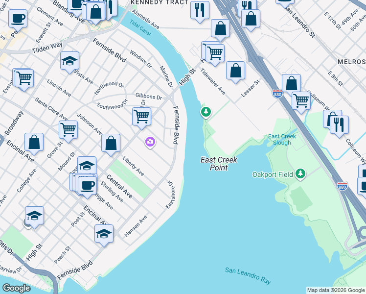 map of restaurants, bars, coffee shops, grocery stores, and more near 3333 Fernside Boulevard in Alameda