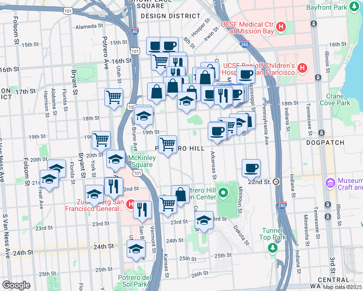 map of restaurants, bars, coffee shops, grocery stores, and more near 797 De Haro Street in San Francisco