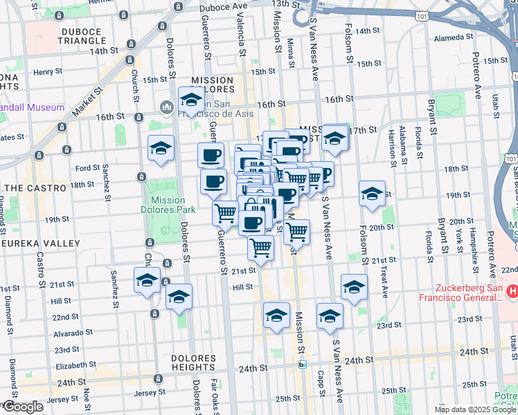 map of restaurants, bars, coffee shops, grocery stores, and more near 799 Valencia Street in San Francisco