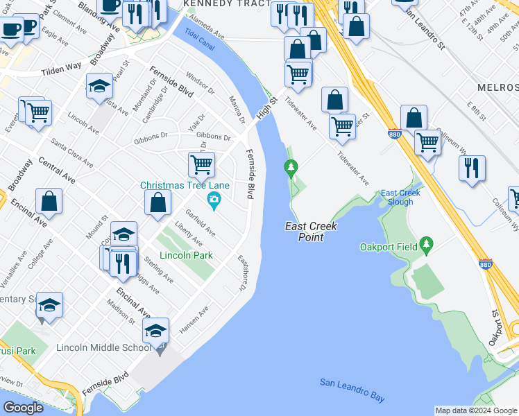 map of restaurants, bars, coffee shops, grocery stores, and more near 3333 Fernside Boulevard in Alameda