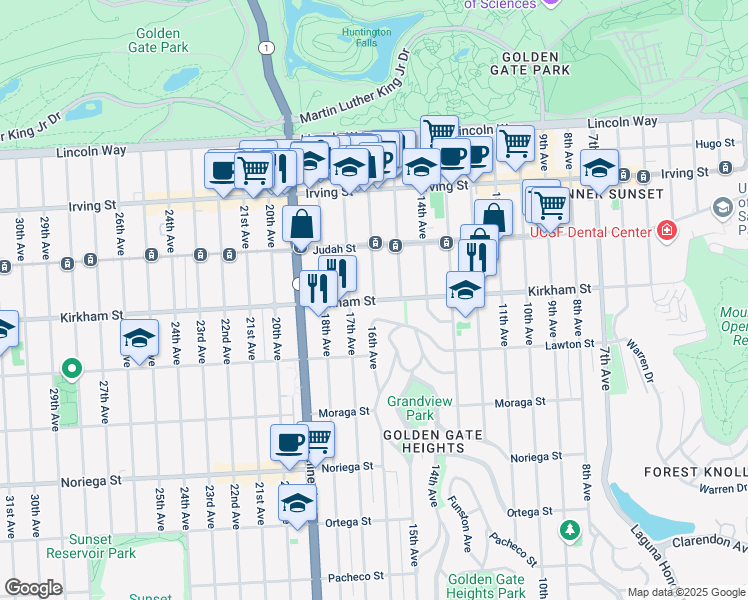 map of restaurants, bars, coffee shops, grocery stores, and more near 16th Ave & Kirkham St in San Francisco