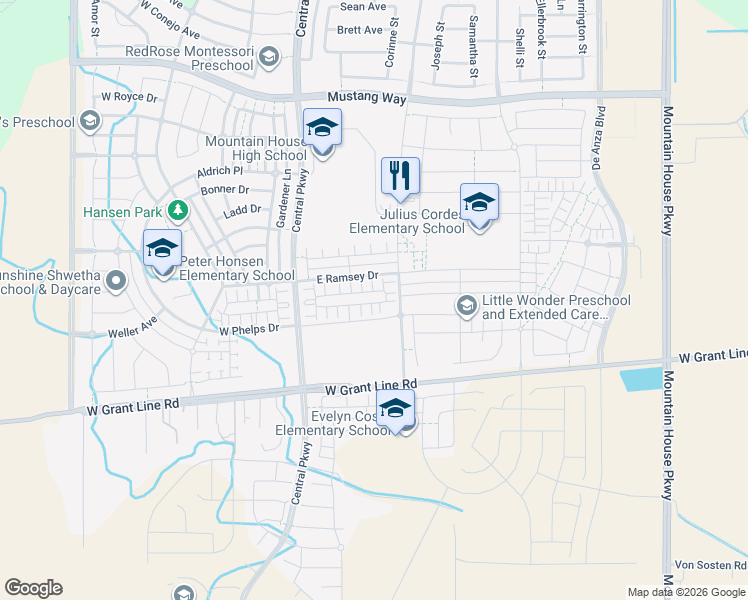 map of restaurants, bars, coffee shops, grocery stores, and more near 157 East Frost Drive in Tracy