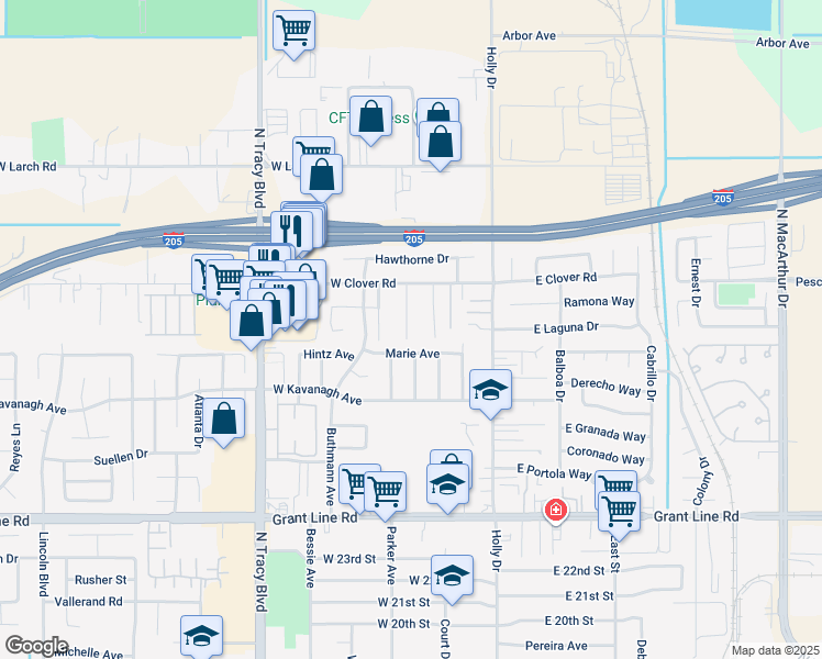 map of restaurants, bars, coffee shops, grocery stores, and more near 355 Marie Avenue in Tracy