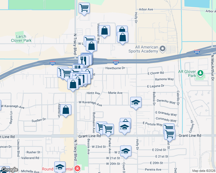 map of restaurants, bars, coffee shops, grocery stores, and more near 355 Marie Avenue in Tracy