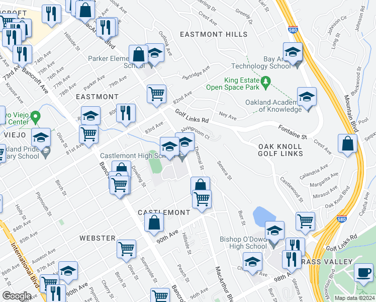 map of restaurants, bars, coffee shops, grocery stores, and more near in Oakland