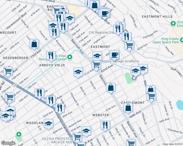 map of restaurants, bars, coffee shops, grocery stores, and more near 2011 82nd Avenue in Oakland
