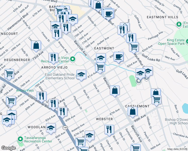 map of restaurants, bars, coffee shops, grocery stores, and more near 2011 82nd Avenue in Oakland