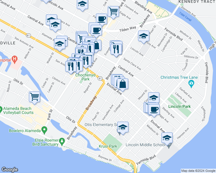 map of restaurants, bars, coffee shops, grocery stores, and more near 1226 Broadway in Alameda