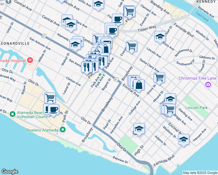 map of restaurants, bars, coffee shops, grocery stores, and more near 2517 San Jose Avenue in Alameda