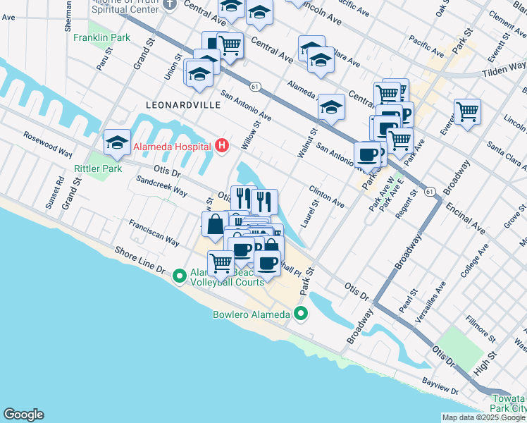 map of restaurants, bars, coffee shops, grocery stores, and more near 2209 Otis Drive in Alameda