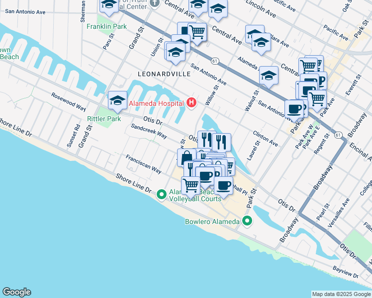map of restaurants, bars, coffee shops, grocery stores, and more near 2111 Whitehall Place in Alameda