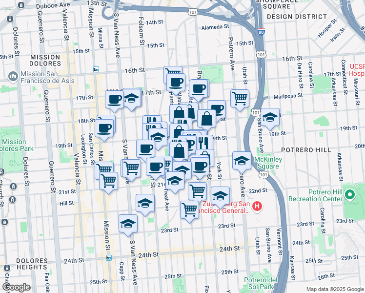 map of restaurants, bars, coffee shops, grocery stores, and more near 3130 20th Street in San Francisco