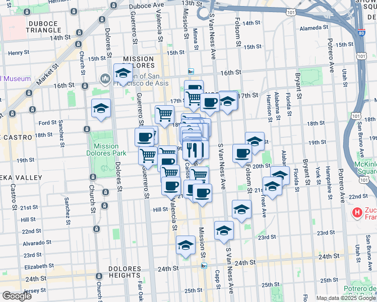 map of restaurants, bars, coffee shops, grocery stores, and more near 2344 Mission Street in San Francisco