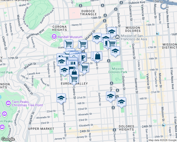 map of restaurants, bars, coffee shops, grocery stores, and more near 580 Sanchez Street in San Francisco