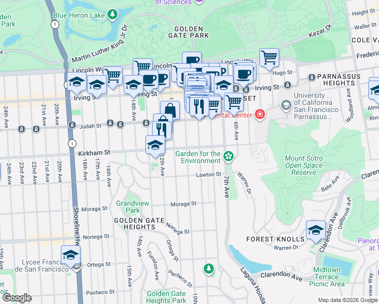 map of restaurants, bars, coffee shops, grocery stores, and more near 1535 10th Avenue in San Francisco