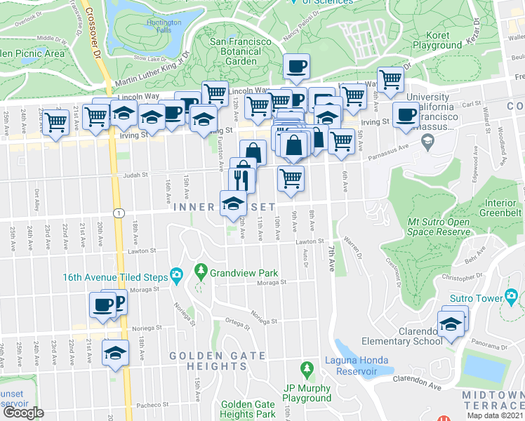 map of restaurants, bars, coffee shops, grocery stores, and more near 1535 10th Avenue in San Francisco
