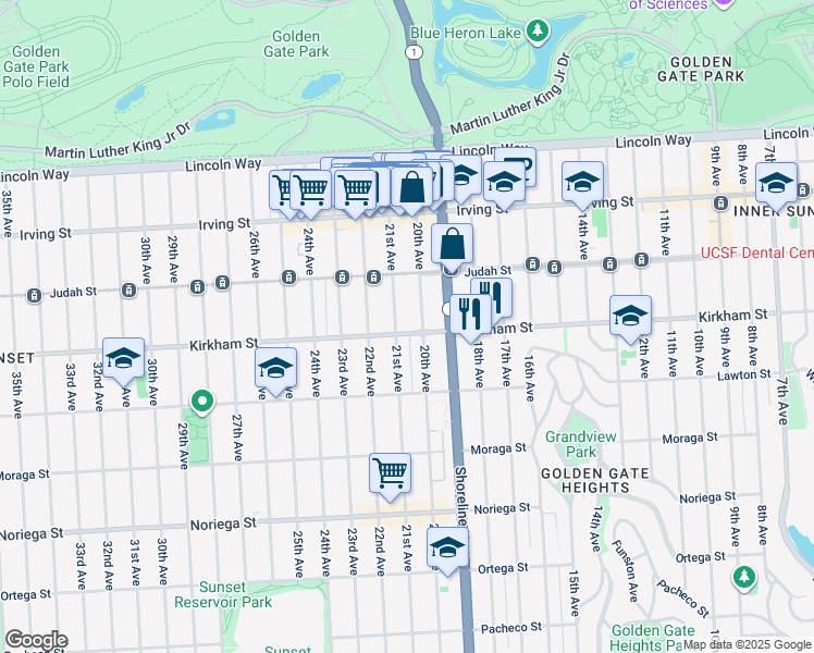map of restaurants, bars, coffee shops, grocery stores, and more near 1514 20th Avenue in San Francisco