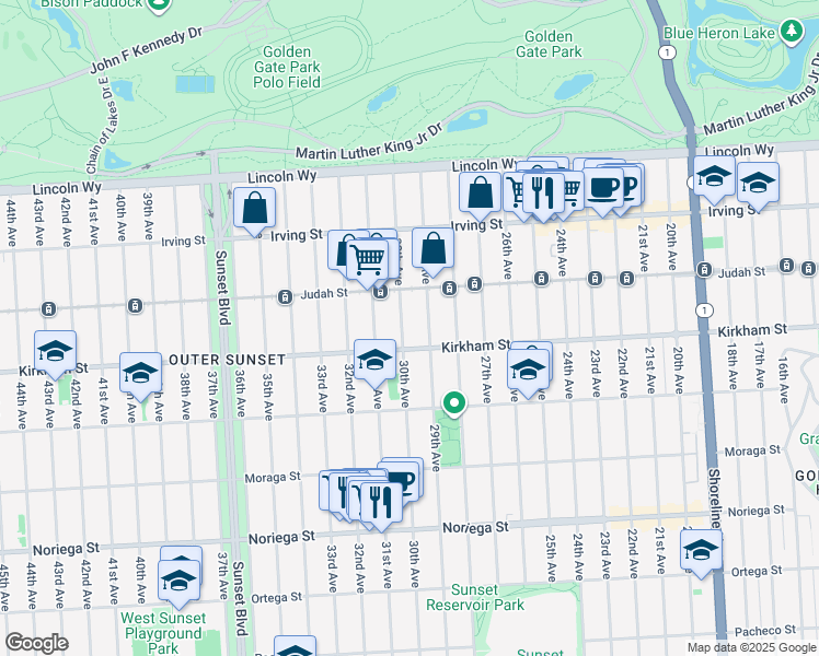 map of restaurants, bars, coffee shops, grocery stores, and more near 1494 30th Avenue in San Francisco
