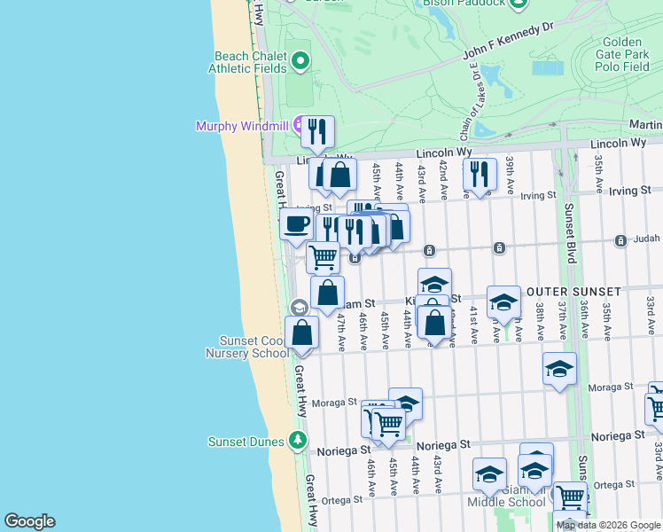 map of restaurants, bars, coffee shops, grocery stores, and more near 1442 48th Avenue in San Francisco