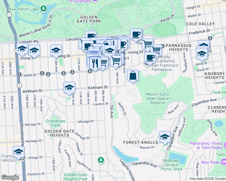 map of restaurants, bars, coffee shops, grocery stores, and more near 8 Locksley Avenue in San Francisco
