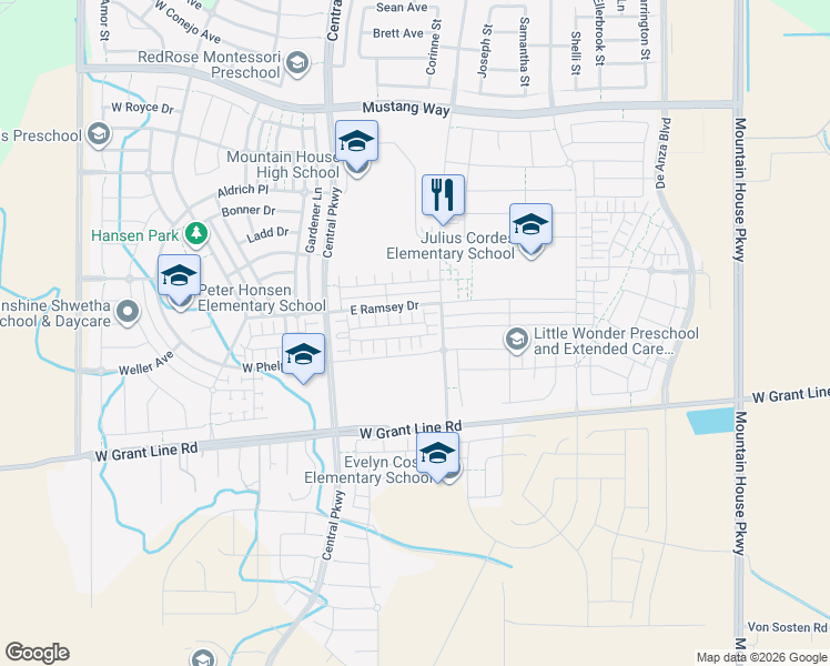 map of restaurants, bars, coffee shops, grocery stores, and more near 157 East Frost Drive in Tracy