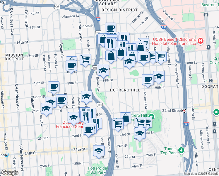 map of restaurants, bars, coffee shops, grocery stores, and more near 813 Kansas Street in San Francisco
