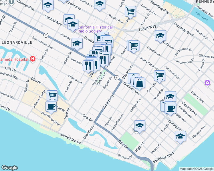 map of restaurants, bars, coffee shops, grocery stores, and more near 2517 San Jose Avenue in Alameda