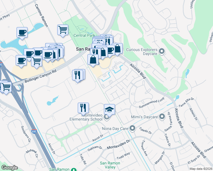 map of restaurants, bars, coffee shops, grocery stores, and more near 355 Reflections Circle in San Ramon