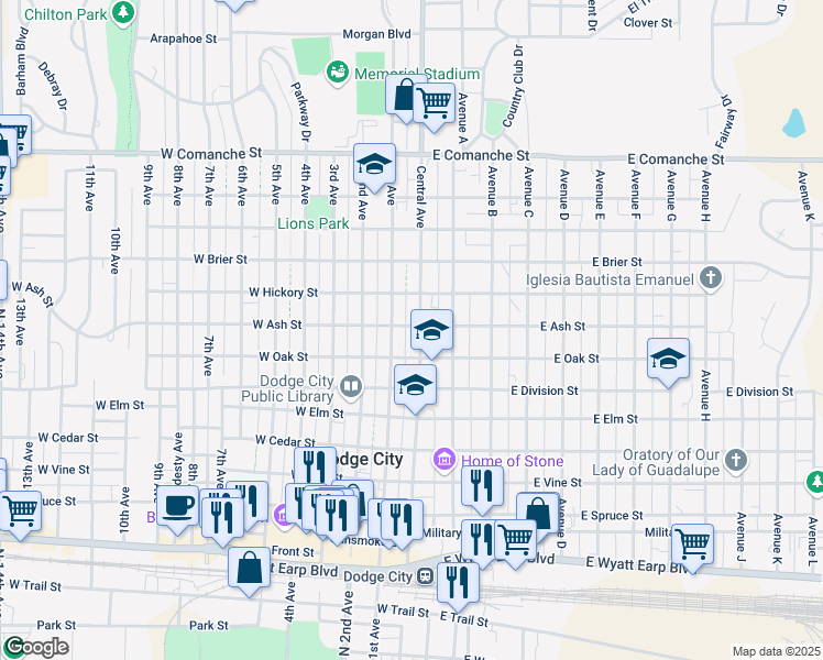 map of restaurants, bars, coffee shops, grocery stores, and more near 100-198 West Oak Street in Dodge City