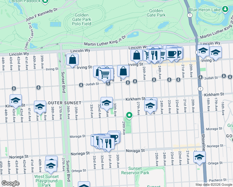 map of restaurants, bars, coffee shops, grocery stores, and more near 1494 30th Avenue in San Francisco