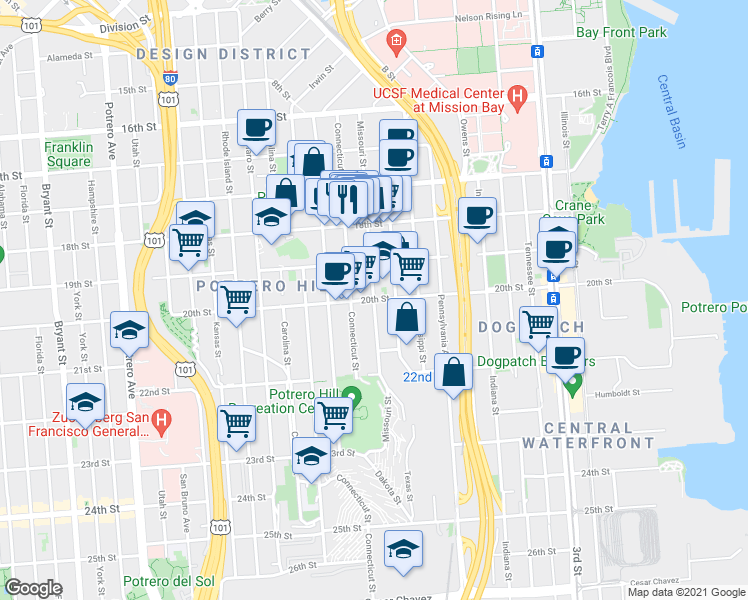 map of restaurants, bars, coffee shops, grocery stores, and more near 20th St & Missouri St in San Francisco