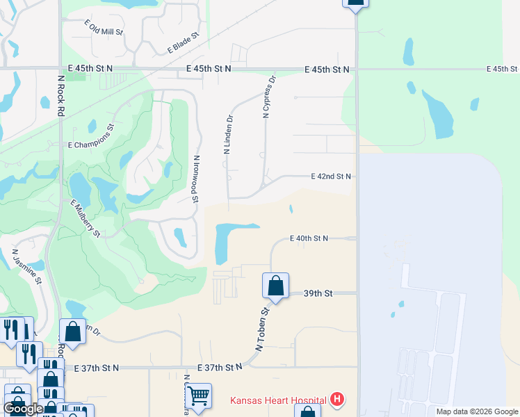 map of restaurants, bars, coffee shops, grocery stores, and more near 9001 E 42nd Street North in Wichita