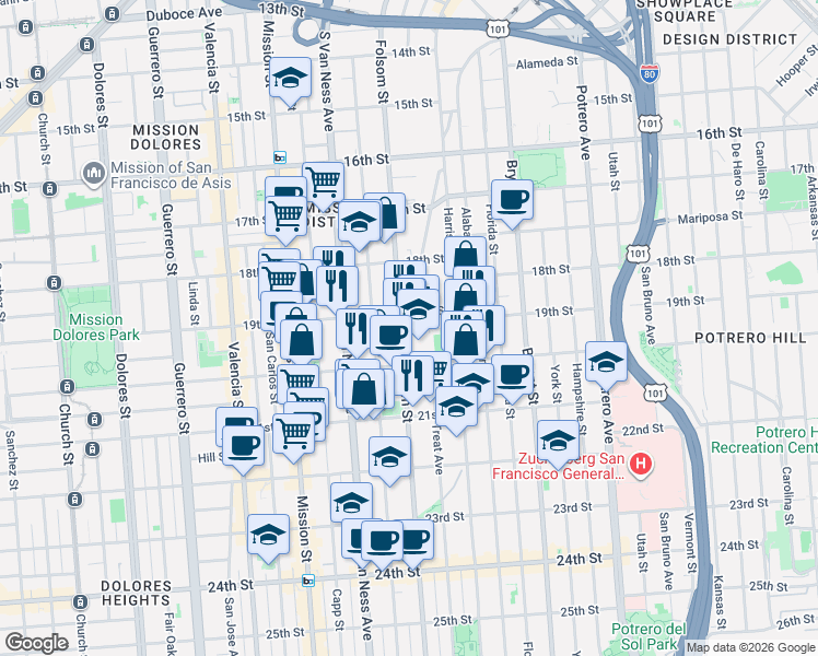 map of restaurants, bars, coffee shops, grocery stores, and more near in San Francisco