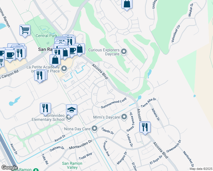 map of restaurants, bars, coffee shops, grocery stores, and more near 312 Countrybrook Loop in San Ramon