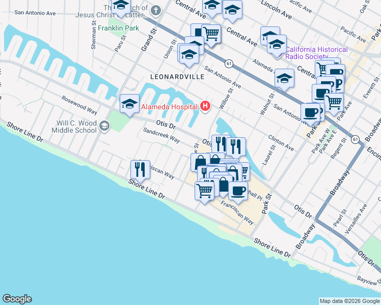 map of restaurants, bars, coffee shops, grocery stores, and more near 2063 Whitehall Place in Alameda