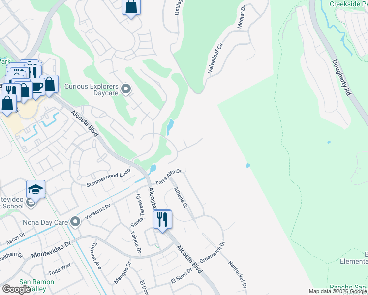 map of restaurants, bars, coffee shops, grocery stores, and more near 100 Canyon Green Place in San Ramon