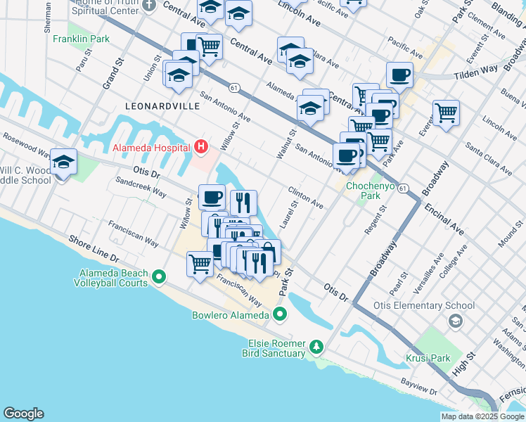 map of restaurants, bars, coffee shops, grocery stores, and more near 853 Cedar Street in Alameda