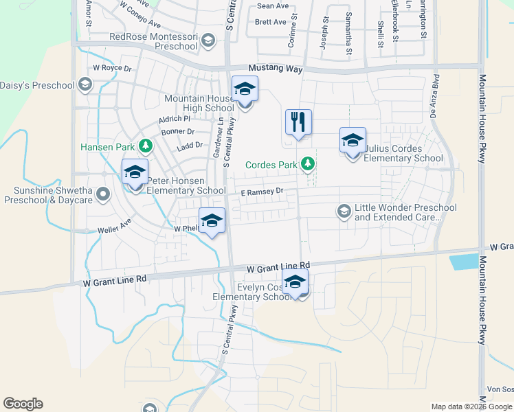 map of restaurants, bars, coffee shops, grocery stores, and more near 119 East Ramsey Drive in Tracy