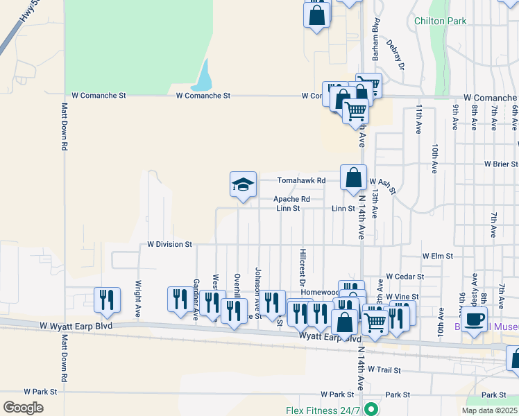 map of restaurants, bars, coffee shops, grocery stores, and more near 1900 Linn Street in Dodge City